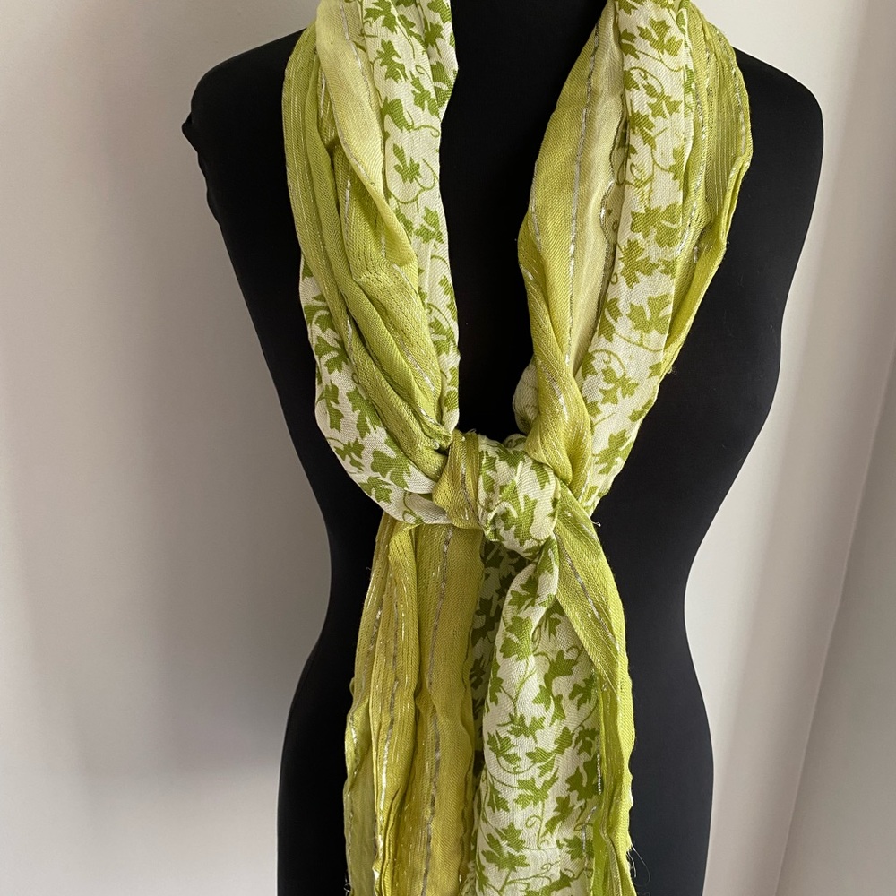 Sage Green Fringed Scarf Metallic Threads